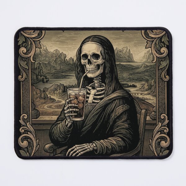 Item preview, Skeleton Mona Iced Coffee — Dark Baroque Parody Engraving Art designed and sold by Lestari Studio.