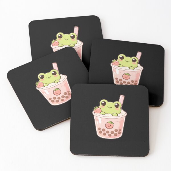 Item preview, Kawaii Green Frog in Strawberry Boba Tea - Cute Chibi Froggy Bubble Tea Art designed and sold by Trendora90.