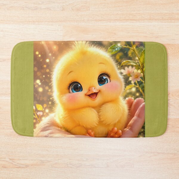 Item preview, Cute Fluffy Baby Chick With Blue Eyes Resting In Hand Among Spring Flowers designed and sold by Dreamy Armine Art.