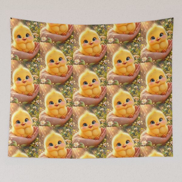 Item preview, Cute Fluffy Baby Chick With Blue Eyes Resting In Hand Among Spring Flowers designed and sold by Dreamy Armine Art.