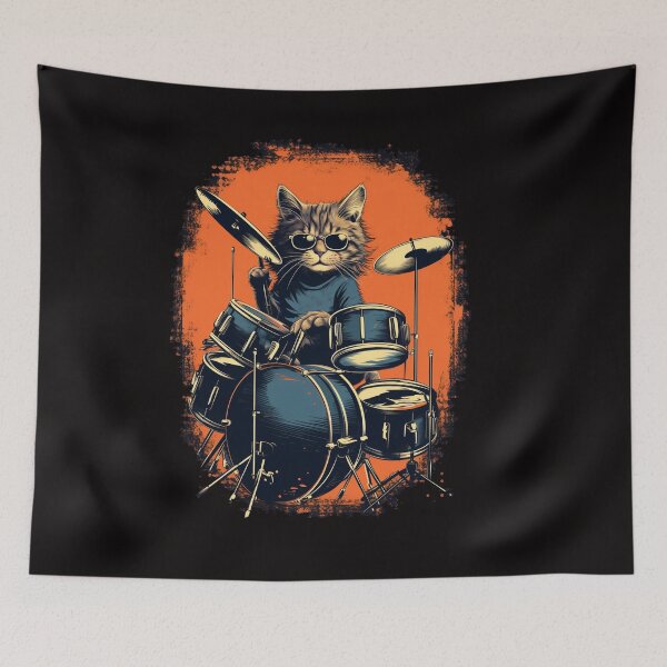 Item preview, Vintage Retro Cat Playing Drums - Music Lover Birthday Present designed and sold by illeN-Art-World.