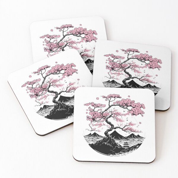 Item preview, Japanese Sakura Moon and Mountain Pagoda Landscape designed and sold by Shopeon Designs.