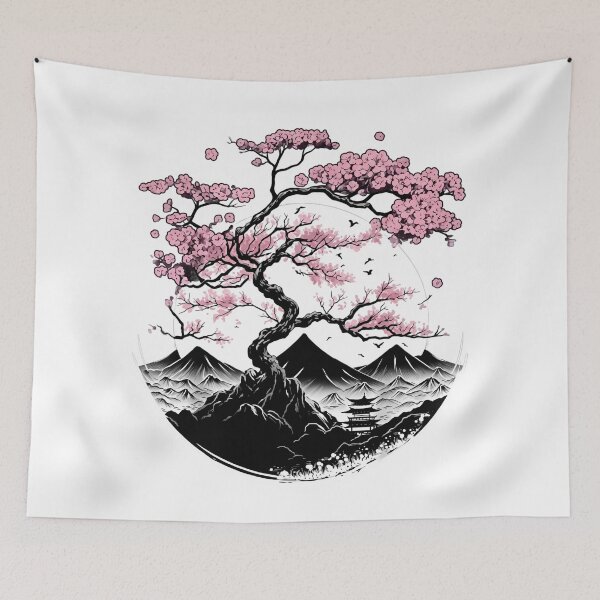 Item preview, Japanese Sakura Moon and Mountain Pagoda Landscape designed and sold by Shopeon Designs.