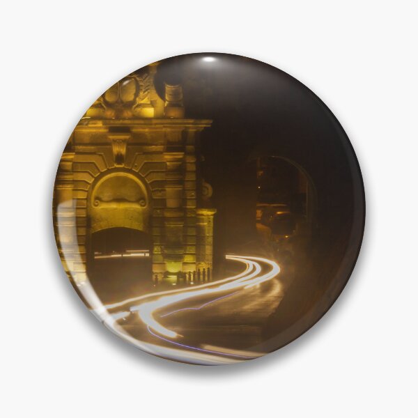 Item preview, Long Exposure Light Trails Curving Past a Historic Stone Gate and Archway at Night designed and sold by Nmallia.
