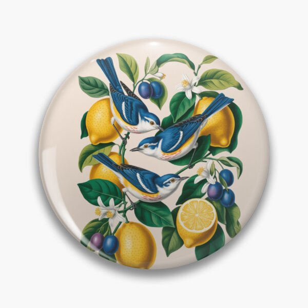 Item preview, two blue and white warbler birds perched on lemon tree branches designed and sold by 123ks.