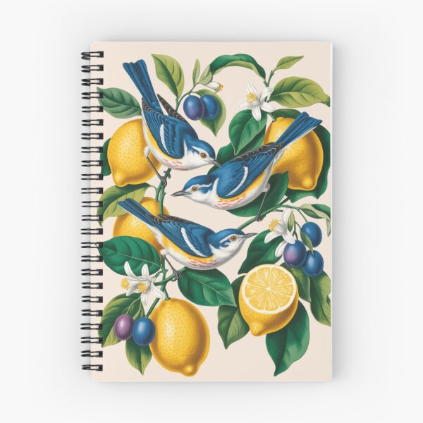 Item preview, two blue and white warbler birds perched on lemon tree branches designed and sold by 123ks.