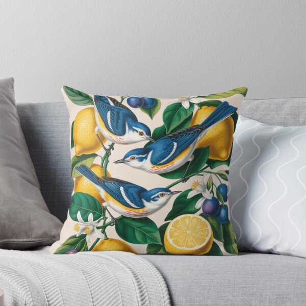 Item preview, two blue and white warbler birds perched on lemon tree branches designed and sold by 123ks.