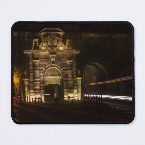 Item preview, Historic Stone Gate At Night With Light Trails And Long Exposure Traffic On City Street designed and sold by Nmallia.