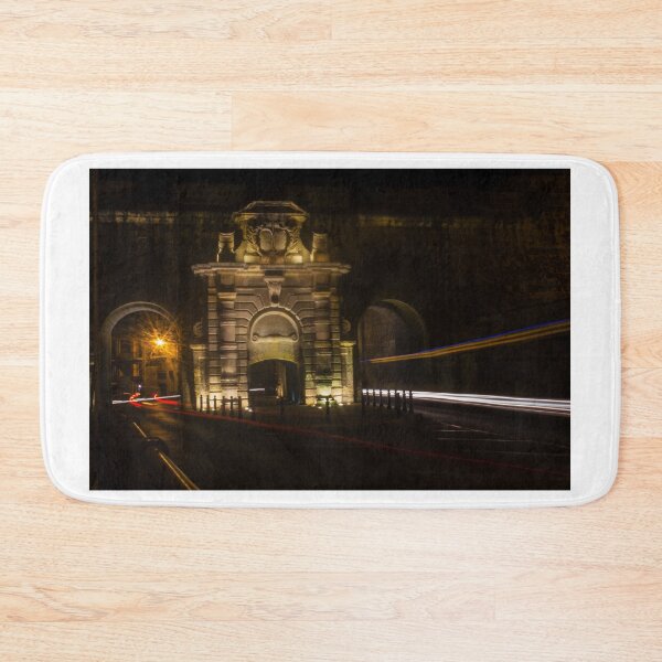 Item preview, Historic Stone Gate At Night With Light Trails And Long Exposure Traffic On City Street designed and sold by Nmallia.