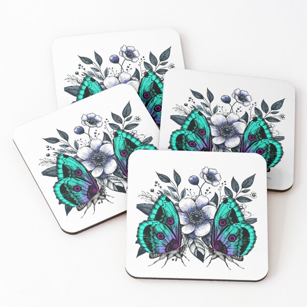 Item preview, two butterflies next to a flower, bright colors, light blue designed and sold by geekmania48.