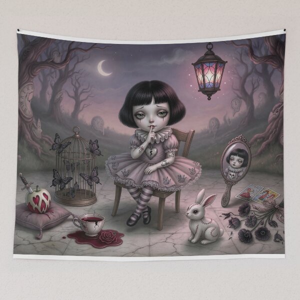 Item preview, Silence, Please – Pop Surrealism Art, Gothic Cute Girl, Dark Whimsical Illustration designed and sold by Piagor.