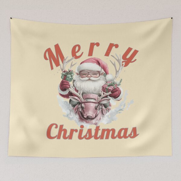 Item preview, Merry Christmas Santa with Gifts. Retro Holiday Design  Whimsical Santa Scooter Art Pink Christmas Illustration.  Cyber Santa Claus with Robotic Reindeer designed and sold by illeN-Art-World.