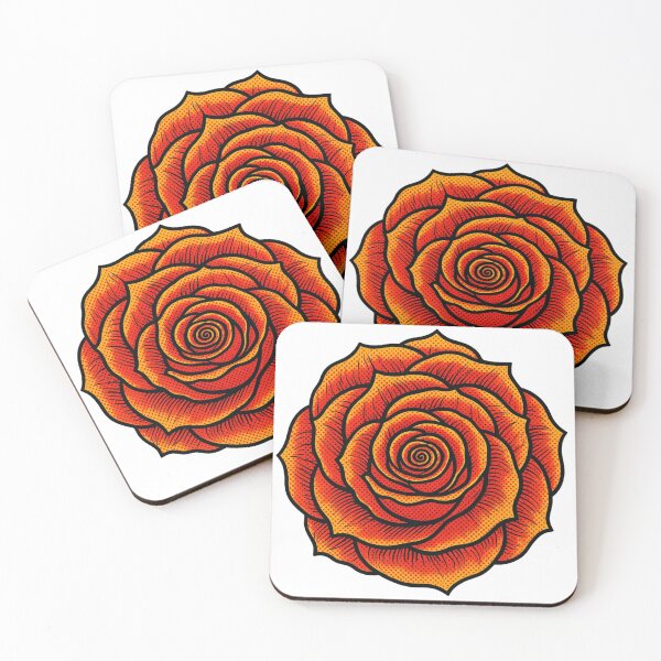 Artikelvorschau, Orangerote Comic-Pop-Art-Rose | Kräftige Halbton-Blumenillustration | Botanisches Retro-Design entworfen und verkauft von Patterns Workshop.