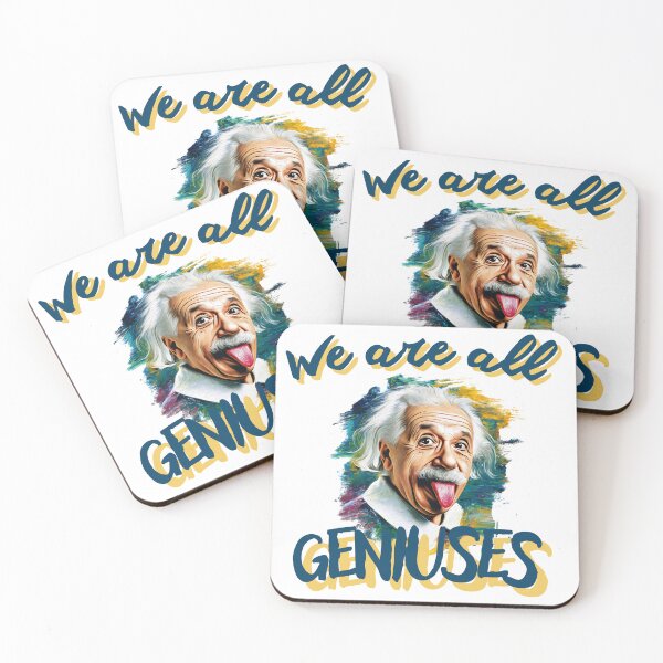 Item preview, "We Are All Geniuses" Einstein Quote & Tongue Out Portrait , science art history designed and sold by illeN-Art-World.