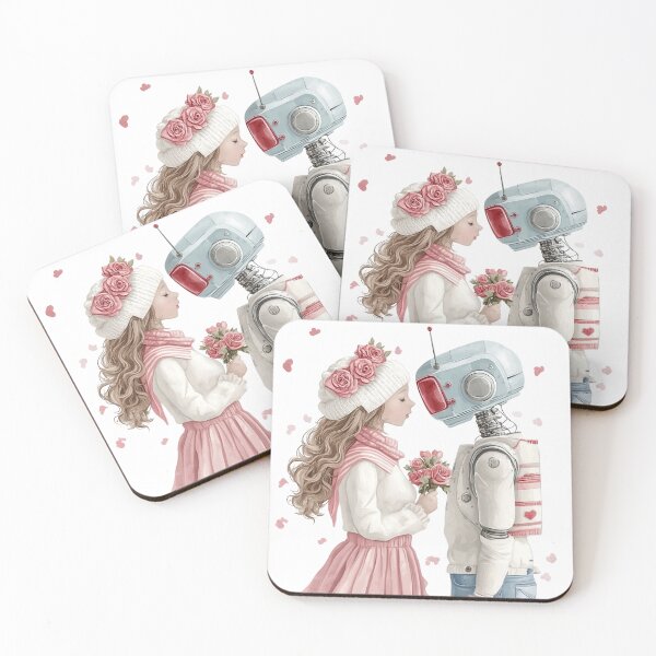 Item preview, Kawaii Robot and Girl Valentine Art - Watercolor Sweetheart Aesthetic designed and sold by illeN-Art-World.