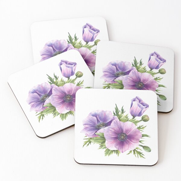 Item preview, Purple flowers Anemone with eucalyptus branches. Watercolor blooming pattern designed and sold by BartolArt.