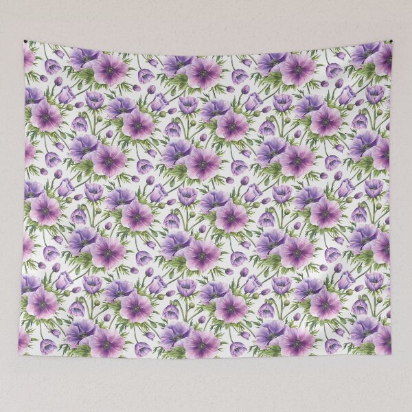 Item preview, Purple flowers Anemone with eucalyptus branches. Watercolor blooming pattern designed and sold by BartolArt.