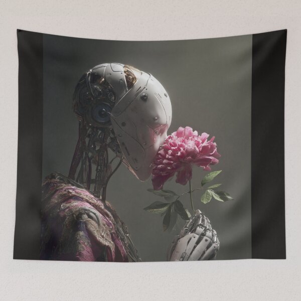 Item preview, Romantic Cyborg Smelling Pink Peony - Futuristic Fantasy Art designed and sold by illeN-Art-World.
