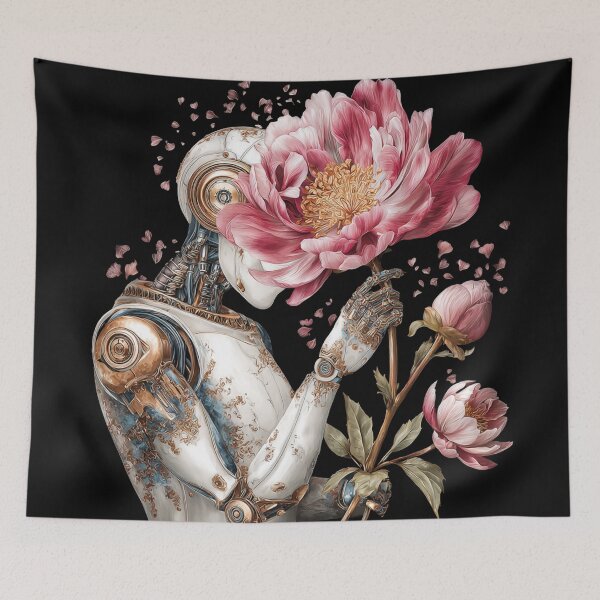 Item preview, Vintage Cyberpunk Robot Holding Peonies - Organic and Mechanical Fusion designed and sold by illeN-Art-World.