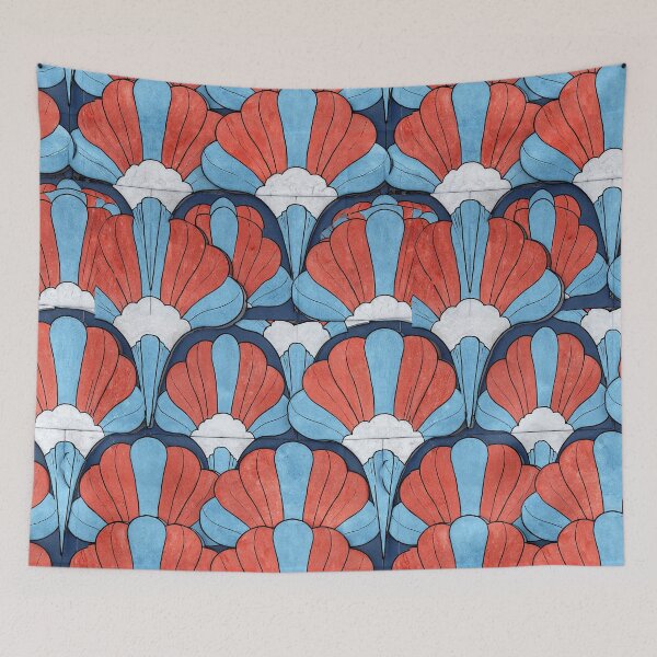 Item preview, Coral and Blue Scallop Shell Art Deco Tile designed and sold by Piotrek0001.