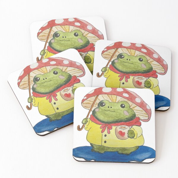 Item preview, watercolor frog drinking coffee under a toadstool umbrella designed and sold by Artful Things.