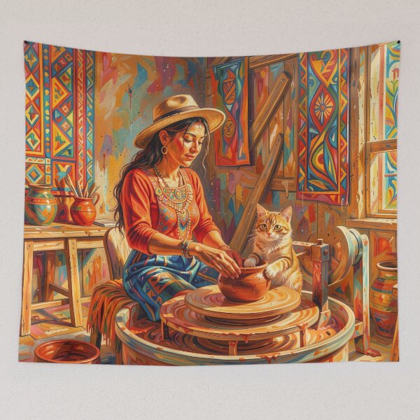 Item preview,  Woman and Cat Making Ceramics designed and sold by M-Y-A-R-T-.