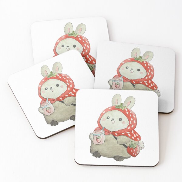 Item preview, watercolor strawberry bunny drinking a drink designed and sold by Artful Things.