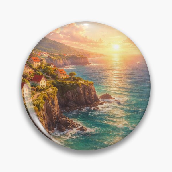 Item preview, Dreamy Anime Coastal Sunset Village Ocean Waves Aesthetic Art designed and sold by peacefulframes.art.