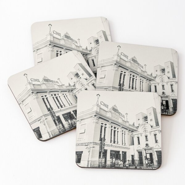 Item preview, Historic facade of the Ideal Cinema in Madrid - Black and white - Aesthetic urban photography designed and sold by Feroz Pics.