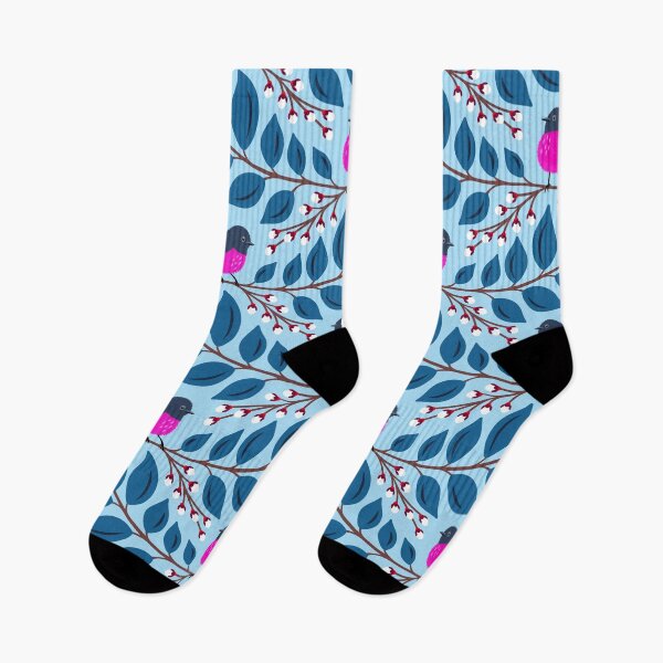 Item preview, Pink robin bird on a branch in blue designed and sold by Jennifer Ladd.