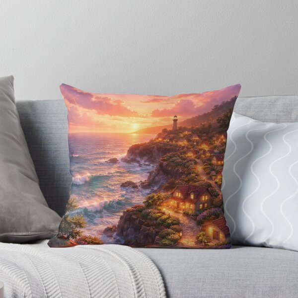 Item preview, Dreamy Anime Seaside Sunset Village Cozy Ocean Aesthetic Art designed and sold by peacefulframes.art.