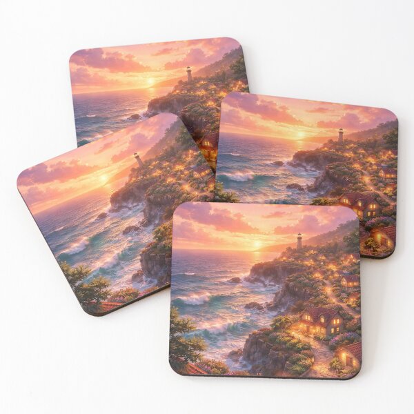 Item preview, Dreamy Anime Seaside Sunset Village Cozy Ocean Aesthetic Art designed and sold by peacefulframes.art.