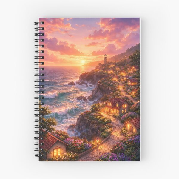 Item preview, Dreamy Anime Seaside Sunset Village Cozy Ocean Aesthetic Art designed and sold by peacefulframes.art.