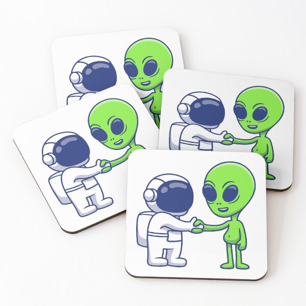 Item preview, Cute Astronaut and Green Alien Peace Handshake Space Cartoon designed and sold by jhofmank.