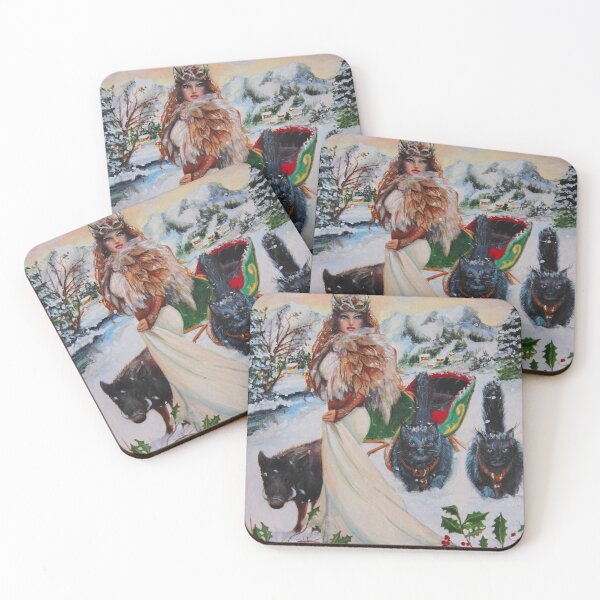 Item preview, Freya the Norse goddess with her sled and cats standing in the snow holly and pine encircle her beauty designed and sold by Lori Richardson.