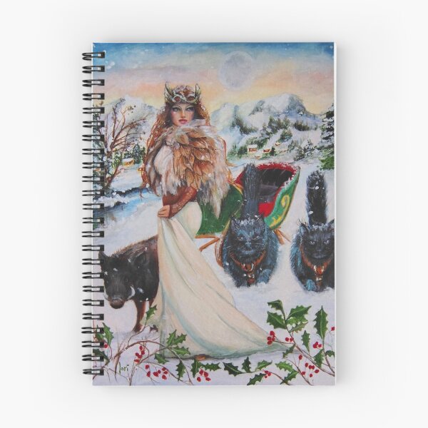 Artikelvorschau, Freya, die nordische Göttin, mit ihrem Schlitten und ihren Katzen, steht im Schnee; Stechpalmen und Kiefern umgeben ihre Schönheit. entworfen und verkauft von Lori Richardson.