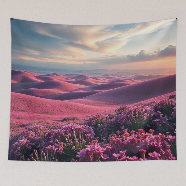 Artikelvorschau, Verträumte Sonnenuntergangslandschaft mit rosa blühenden Hügeln entworfen und verkauft von IntelliMindDesigns.