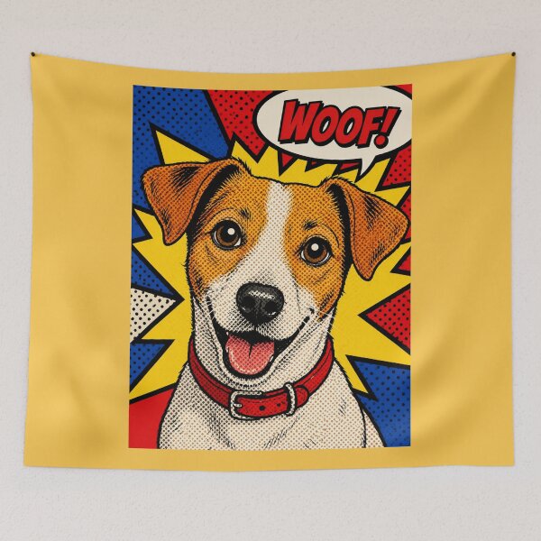 Item preview, Retro Pop Art Style Illustration of a Happy Dog with Speech Bubble Exclaiming Woof in Vibrant Comic Design designed and sold by Donlaporn.