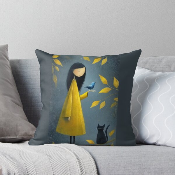 Item preview, Girl in yellow coat holding a blue bird with cat designed and sold by Rue Design Company.