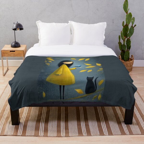 Item preview, Girl in yellow coat holding a blue bird with cat designed and sold by Rue Market.