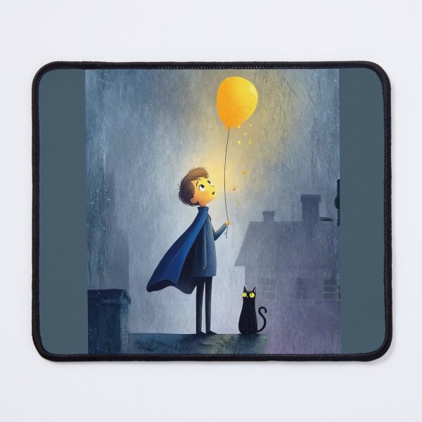 Item preview, Boy on rooftop holding glowing yellow balloon with cat designed and sold by Rue Design Company.