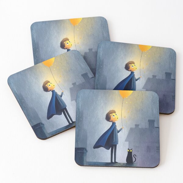 Item preview, Boy on rooftop holding glowing yellow balloon with cat designed and sold by Rue Design Company.