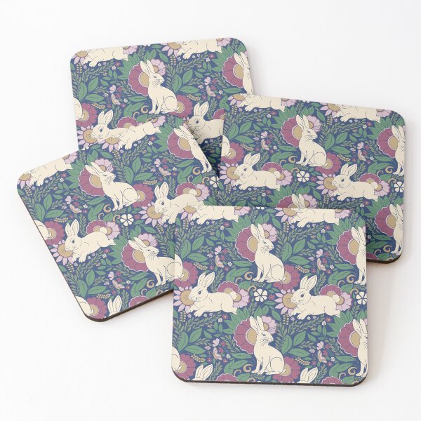 Item preview, Navy Blue Bunny Botanical Folk Art Floral Pattern designed and sold by DColourMuse.
