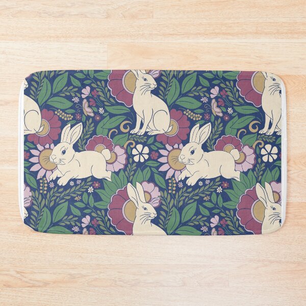 Item preview, Navy Blue Bunny Botanical Folk Art Floral Pattern designed and sold by DColourMuse.