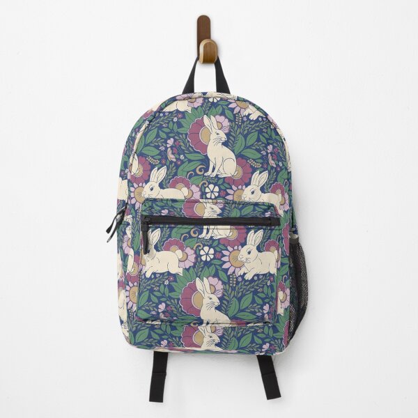 Item preview, Navy Blue Bunny Botanical Folk Art Floral Pattern designed and sold by DColourMuse.