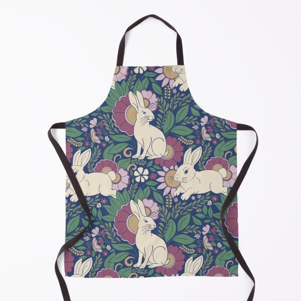 Item preview, Navy Blue Bunny Botanical Folk Art Floral Pattern designed and sold by DColourMuse.
