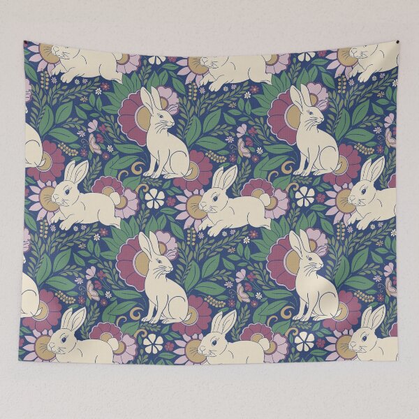 Item preview, Navy Blue Bunny Botanical Folk Art Floral Pattern designed and sold by DColourMuse.