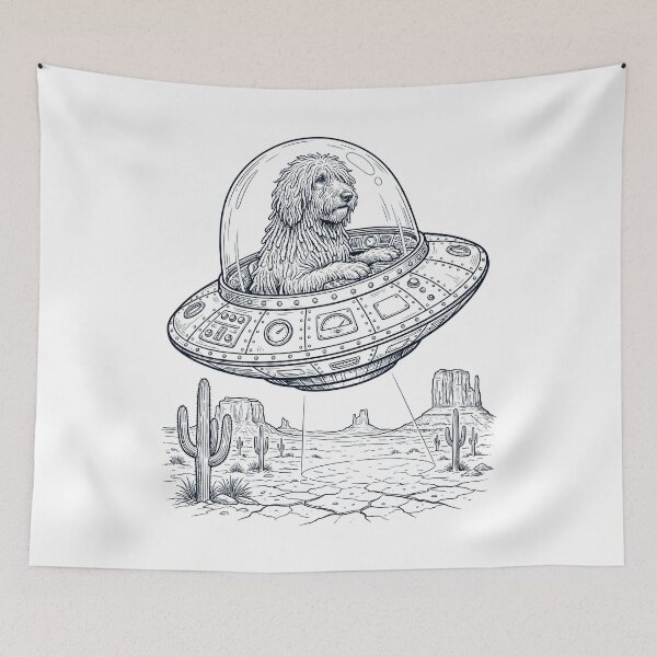 Item preview, Vintage Komondor Riding UFO Dog Mom Dad Lover designed and sold by DoodleTortle.