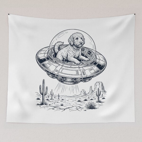 Item preview, Vintage Labradoodle Riding UFO Dog Mom Dad Lover designed and sold by DoodleTortle.
