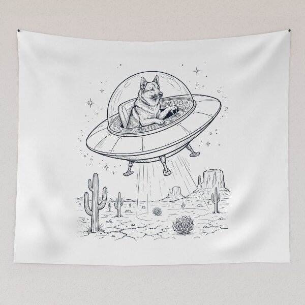 Item preview, Vintage Norwegian Buhund Riding UFO Dog Mom Dad Lover designed and sold by DoodleTortle.